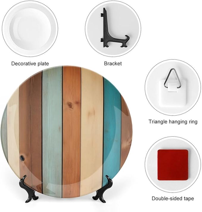 Wooden Board Theme Decorative Ceramic Plate Round Porcelain Plate,10 inch,Vintage Pattern,for Decorative Ornaments Giving Plates,1 Plate with 1 Display Stand,Blue Brown