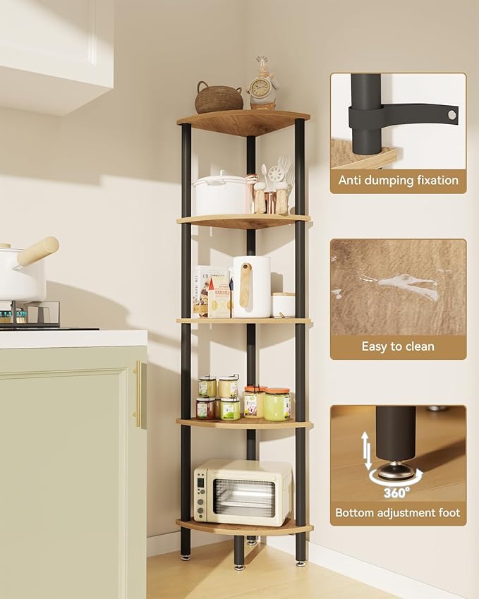 IBUYKE 5 Tier Corner Shelf Stand,Industrial Corner Display Rack,Corner Bookshelf for Living Room, Bedroom, Kitchen, Home Office, Oak WBC010K