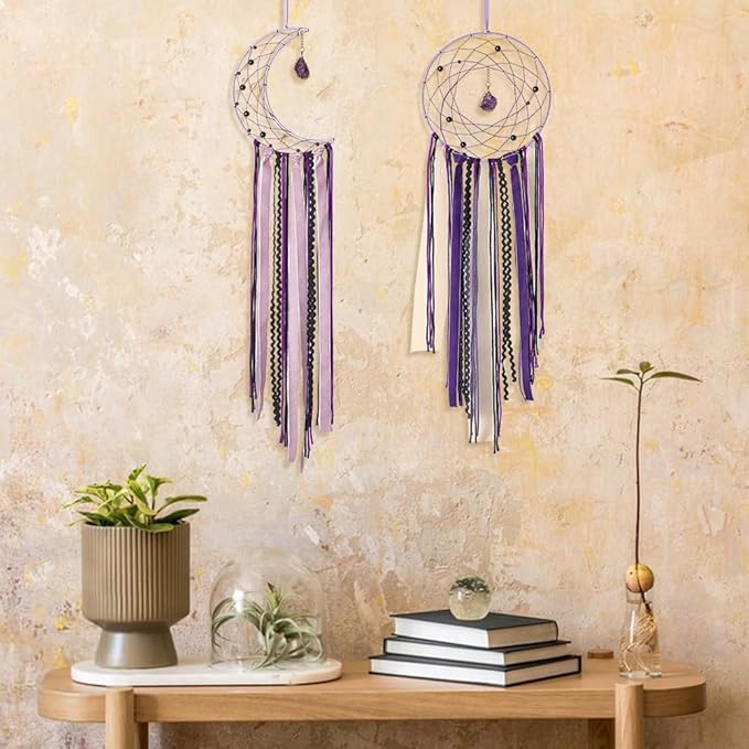 DIY Purple Moon Lace Gothic Dream Catcher kit 2 Set Boho Large Half Circle Handmade Dream Catcher Kit with Purple Agate for Wall Decor Women Gift Moon Sun DIY Gifts for Bedroom Christmas