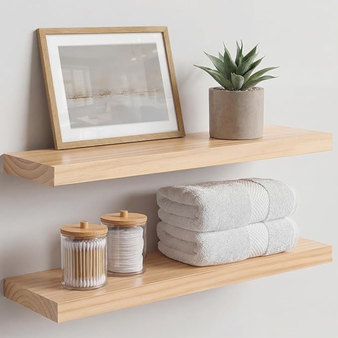 Homeforia 24 inch Natural Floating Shelf, High End Solid Real Wood 24inch Small Floating Shelves for Wall Mounted, Natural Wooden Floating Shelves, Heavy Duty Bracket, 24 X 6.5 X 1.75 in, Set of 3