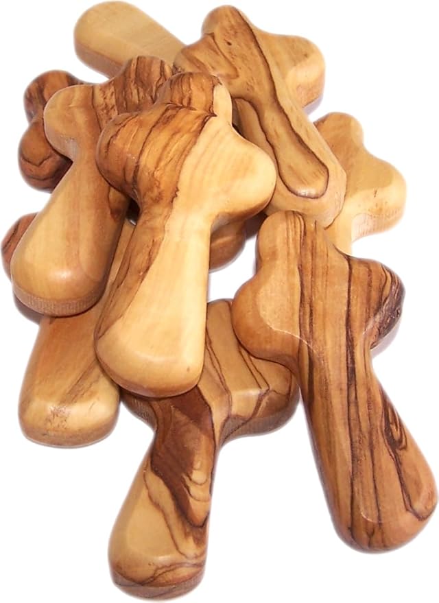Holy Land Market 10 Olive Wood Crosses From the Holy Land - 2.5 Inch Pocket Palm Crucifix | Handmade Jerusalem, Bethlehem Israel - Gifts by Christians with Certificates -Holy Land Olive Wood Cross x10