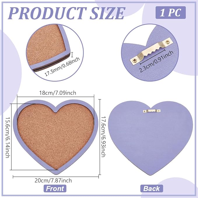 BENECREAT Purple Heart Pin Cork Board Bulletin Display Board, Wall Mounted Cork Board for Brooch Pin Storage, Office Home Festival Valentine's Decor, 6.9x7.8inch