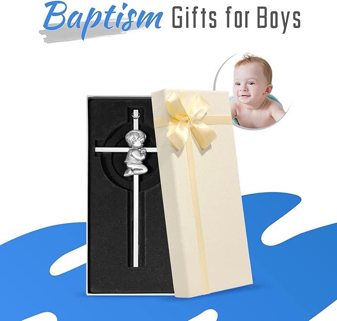 Baby Wall Cross Baptism Gifts for Boys, 7-inch Silver Praying Catholic Boy Baptism Crosses for Christening, First Holy Communion & Baby Dedication Gifts, Baptismal Cross Newborn Nursery Decor