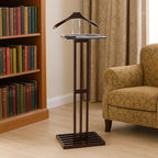 Proman Products VL16220 Freestanding Wardrobe Wooden Valet Stand Rack with Tie Hook, Hanger, Tray, Dark Mahogany