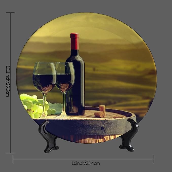 Decorative Plates, 10 Inch, Goblet And Fruit On Wine Barrel Round Display Plate, Table Top Plate Decor with Stand, Ceramic Craft for Wall Hanging Decorative