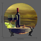 Decorative Plates, 10 Inch, Goblet And Fruit On Wine Barrel Round Display Plate, Table Top Plate Decor with Stand, Ceramic Craft for Wall Hanging Decorative