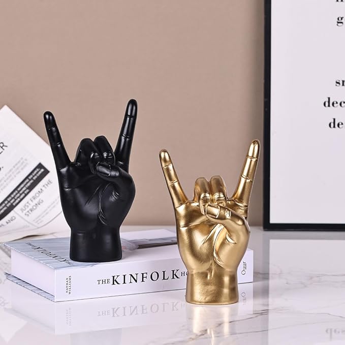 QIANLING 7.7" Gold Resin Rock On Hand Gesture Statue - Rock Culture Music Lovers' Decorative Tabletop Sculpture for Bookshelf, Desk & Mantel Decor in Home or Office, Modern Symbolic Figurine