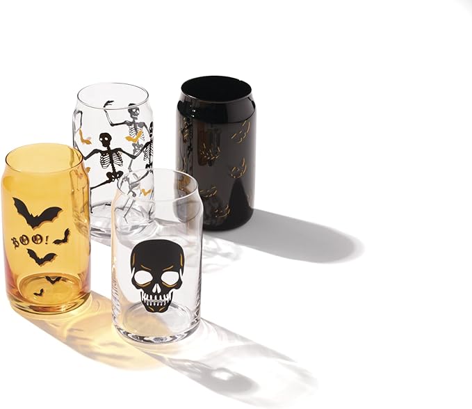 Oneida Barware, Vintro Halloween Can Cooler Glasses, Set of 4, Dishwasher Safe, Made of Glass, Spooky Drinking Glasses Set, Halloween Decor Indoor, Skeletons and Bats Design (4 Piece, 16 Oz Capacity)