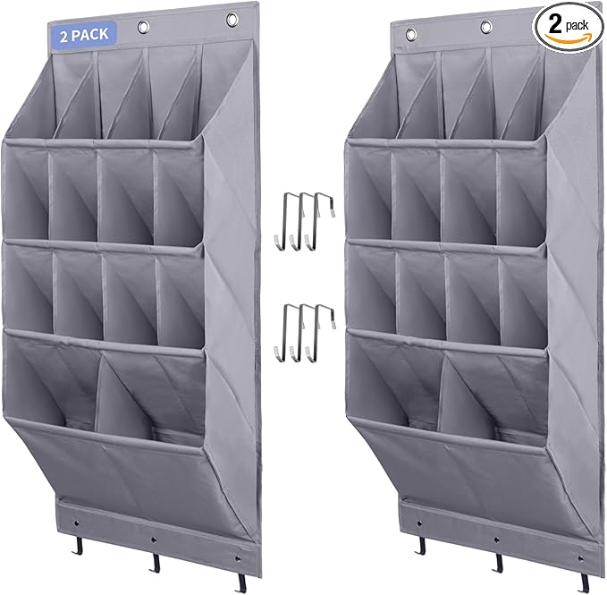 FENTEC 2 Pack Over the Door Shoe Organizer, Hanging Shoe Organizer Rack,24 Large Pockets and 4 Larger Storage Various Compartments with 6 Hooks, Home Accessories, Grey