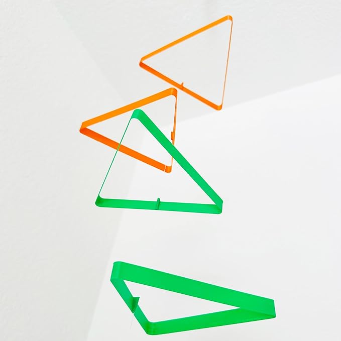 Tri-Tone Harmony Mobile: A Vibrant Orange, Green, and Yellow Hanging Décor with Six Dynamic Triangles