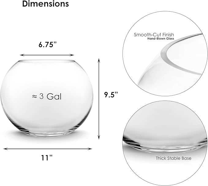 CYS EXCEL Large Glass Bubble Bowl (H-9.5" W-11", Approx. 3 Gal.) | Multiple Size Choices Fish Bowl Vase | Glass Round Bowl Terrarium | Globe Flower Vase Centerpiece