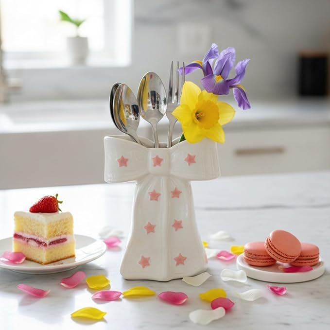 White Bow Vase, White and Pink Flower Vase for Home Decor, Ceramic Vases for Boho Style, Large Cute Vases for Ideal Shelf Decor/Table/Living Room. (Pink 3, Large)