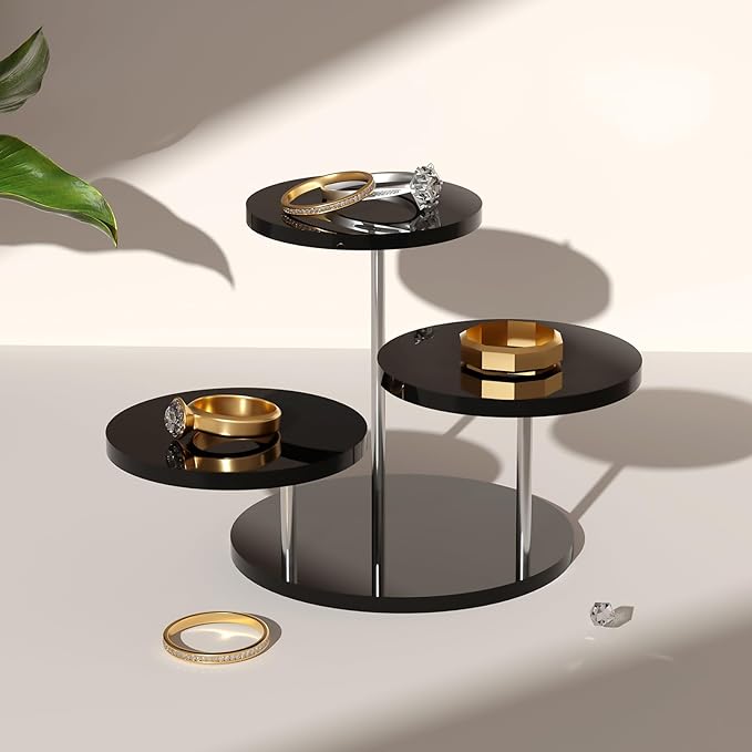 Round Acrylic Display Riser Stands, 3 Tier Jewelry Display Stands for Rings Earrings Mini Figurines 1 Pack(Black)