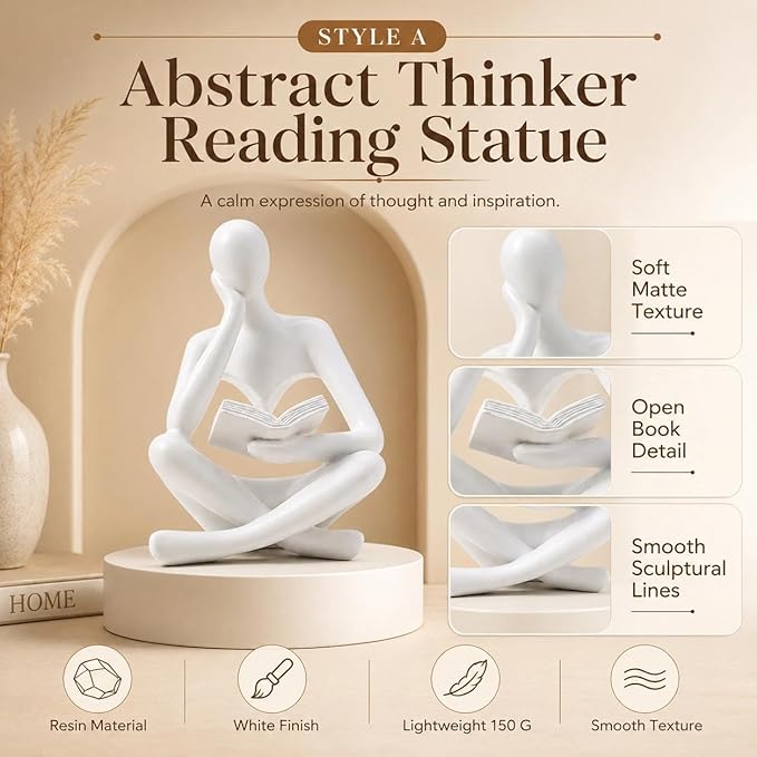 White Bookshelf Decor Thinker Statue, Abstract Reading Figurine Style A, Resin Decorative Bookend for Coffee Table, Shelf, Home Office, Library