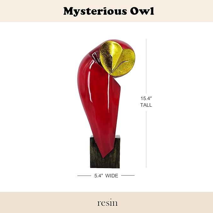 Mid-Century Modern 15 Inch Resin Owl Sculpture - Handmade Vintage Home Decor Statue for Bookshelves, Office Desk, Mantel & Collector Display (red)