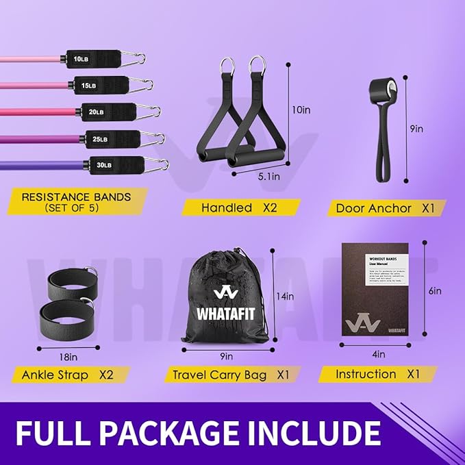 WHATAFIT Resistance Bands Set with Handles - Exercise Bands Home Gym Strength Training Equipment, Includes Door Anchor & Ankle Straps for Full Body Workout Bands, Physical Therapy - for Men and Women