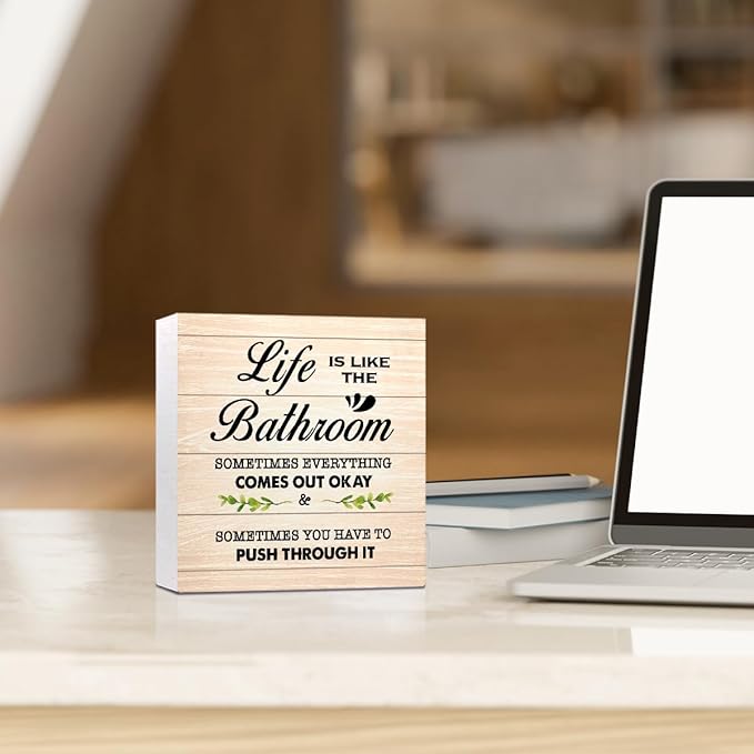Burlywood Life is Like The Bathroom Wooden Box Sign Desk Decor,Funny Bathroom Wood Block Sign for Farmhouse Toilet Shelf Decor