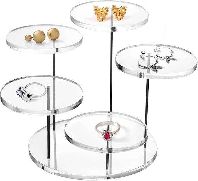 QWORK Round Acrylic Products Display Riser Stands, 5 Tier Displaying Risers Display Stands for Rings Earrings and Mini Figurines, Clear 1 Pack