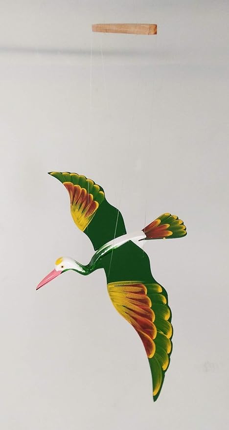 WitnyStore Wooden Bird Mobile 24" Green Crane Stork Hand Made Painted Wood Flapping Wing Birds Hanging Ceiling Decor Wind Chimes Handcrafted Art Animal Decorative Collectibles Décor Gifts Souvenirs