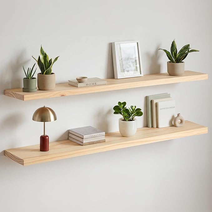 Homeforia 60 inch Natural Floating Shelf, High End Solid Real Wood 60inch Small Floating Shelves for Wall Mounted, Natural Wooden Floating Shelves, Heavy Duty Bracket, 60 X 6.5 X 1.75 in, Set of 2