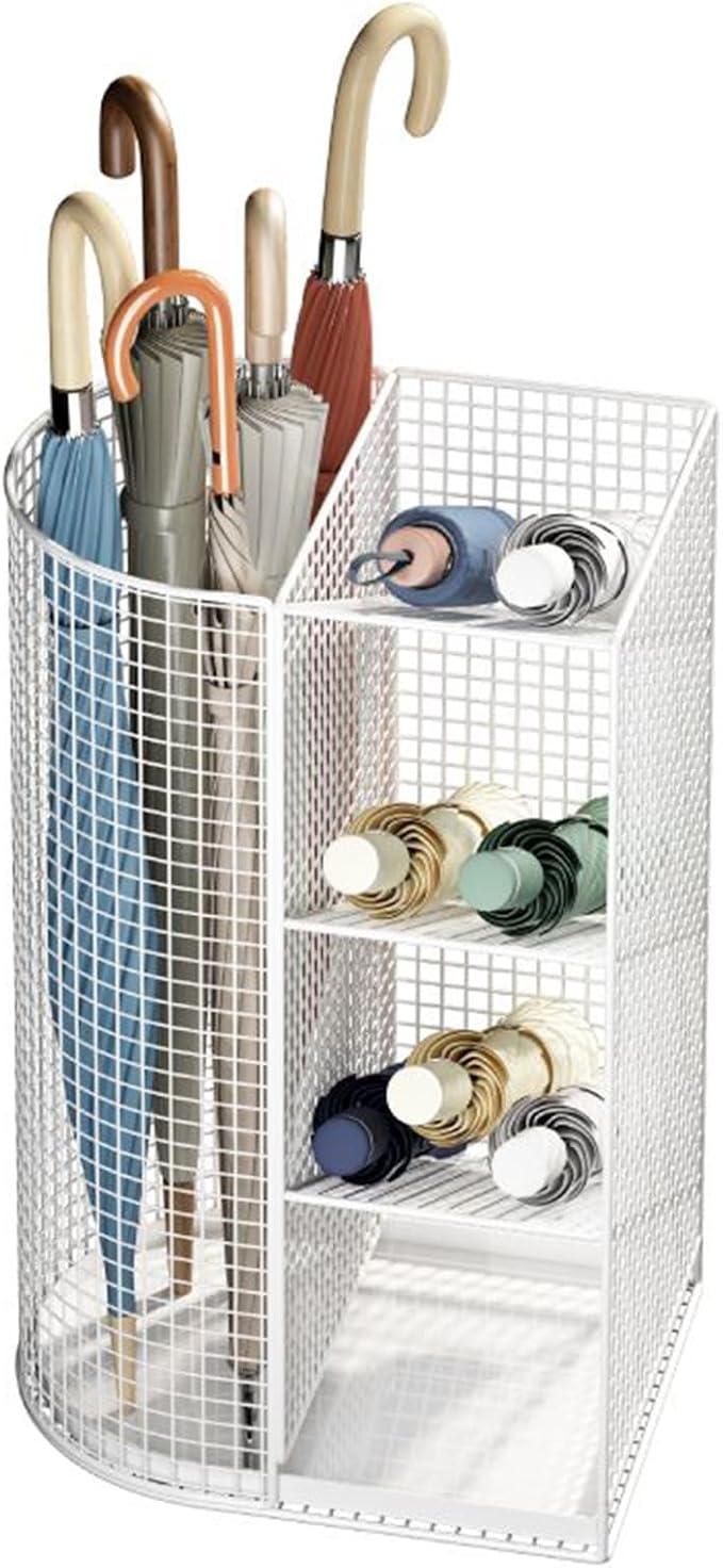 Commercial Metal Umbrella Holder Indoor Large-Capacity Umbrella Storage Shelf Umbrella Basket with Removable Drip Tray for Entryway Metal Entrance Umbrellas Organizer(White)