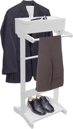 Clothes Valet Stand Holder for Men Suit Coat Rack Hanger Stand, Suit Valet Stand for Men and Women, Wood Clothes Stand with Top Tray and Storage Organizer, Clothes Trouser Bar Rack (White)