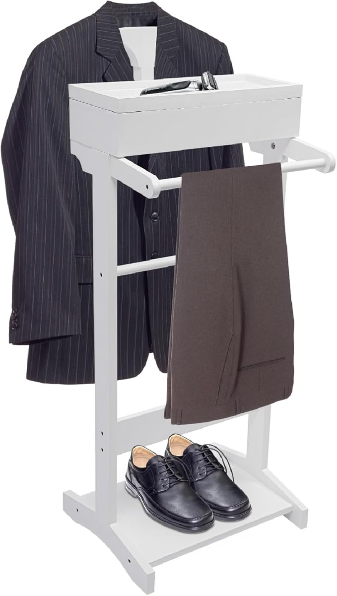 Clothes Valet Stand Holder for Men Suit Coat Rack Hanger Stand, Suit Valet Stand for Men and Women, Wood Clothes Stand with Top Tray and Storage Organizer, Clothes Trouser Bar Rack (White)