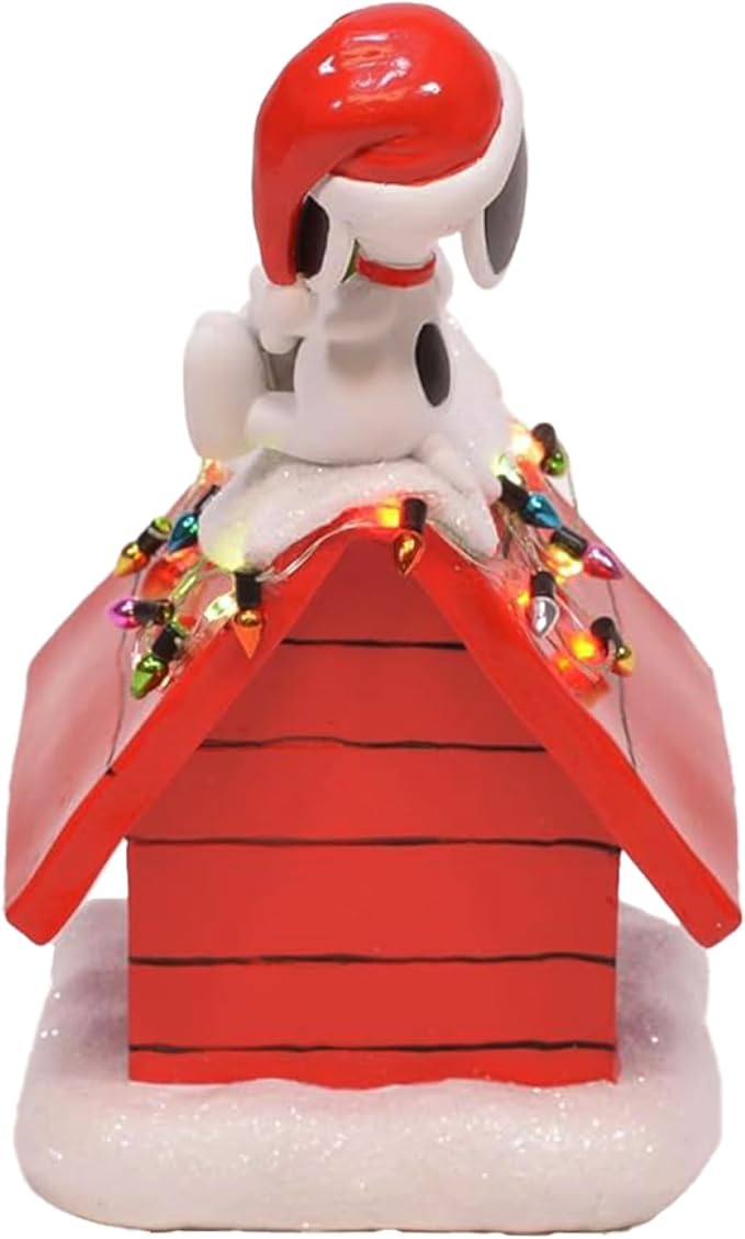 Mark Feldstein, Peanuts Snoopy's Dog House Tabletop Holiday Figurine with LED Christmas Lights, Red, 7.5 Inch