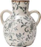 SIDUCAL Ceramic Vintage Pastoral Vase with Handles, 7 Inch Chinoiserie Floral Vase, Retro Ice Cracked Rustic Farmhouse Vases for Home Decor, Living Room, Bookshelf, Office, Tuscan Decor, Gray Floral