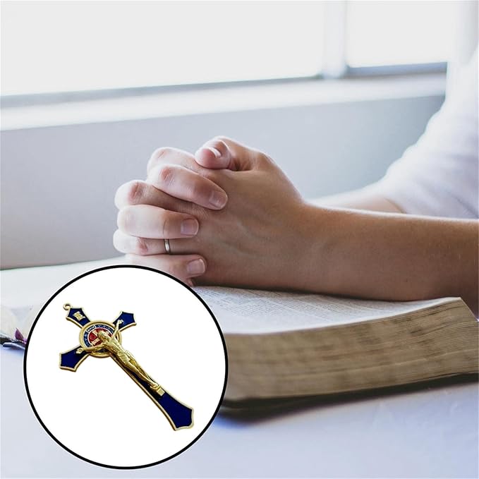 Bovemee Saint Benedict Benedictine Red Enamel 4.7X2.7 Inch Protection Wall Crucifix Cross Catholic San Benito Medalla Prayer Decoration (Blue)