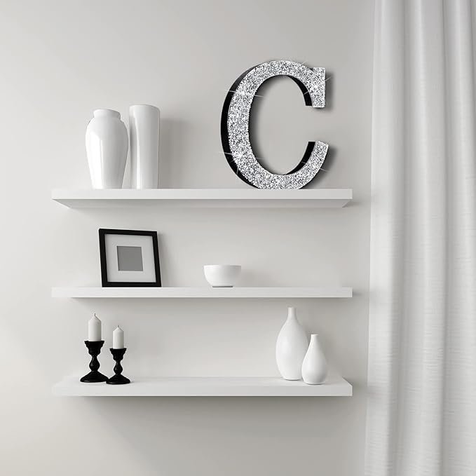 Qunclay 5.7" Silver Crystal Diamond Bling Letters Crushed Diamond Decoration Wooden Glitter Letter with Screw and Hooks Rhinestone Gift for Wedding Y2k Mcbling Bedroom Wall Decor (Letter C)