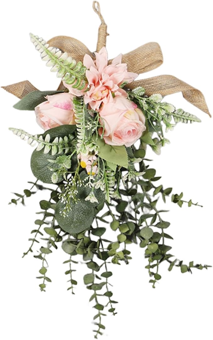 Artificial Floral Wreath Teardrop Swag Silk Flower Hanging Garland Decorative Ornament Versatile for Entryway Wedding Party Home Decoration Sui, Pink