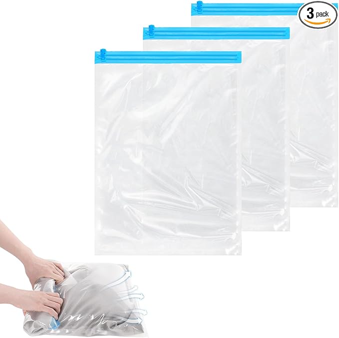3PCS Travel Compression Bags, Roll-Up Vacuum Storage Bags for Clothes Travel - No Vacuum Needed, Reusable Space Saver Bag for Luggage,Suitcase,Backpack (19.7x13.4In)
