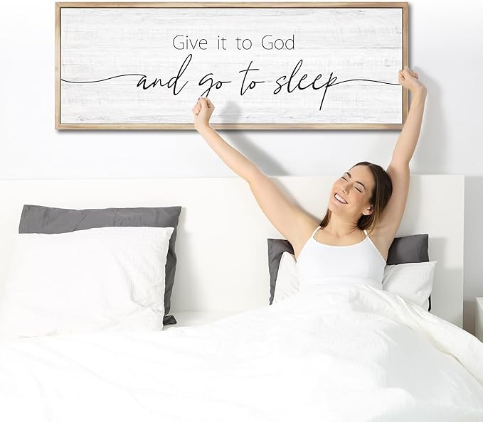 Give It to God and Go to Sleep Sign Framed Large 41''×15'' Above Bed Wall Decor for Bedroom Farmhouse Wall Decor Guest Room Decor Rustic Master Bedroom Wall Decoration Wood Wall Art (brown frame)