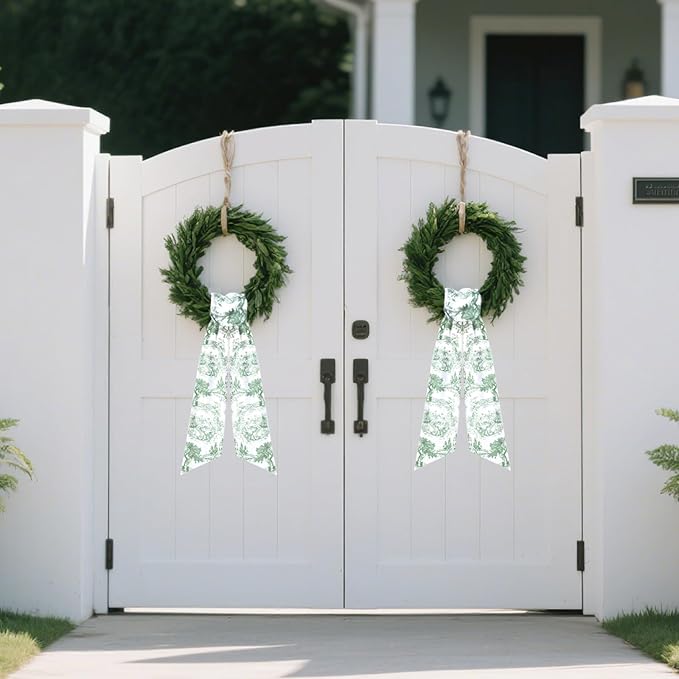 Green Wreath Sashes for Front Door - 2 Pcs Greenery French Toile Sash for Wreath Garland Indoor Outdoor, Rustic Wreaths Sash for Embroidery Monogram Farmhouse