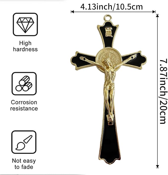 BONITTER Golden St Benedict Crucifix Metal Wall Art, 7.8x4.1 Inch Cross, Blue/White/Black/Red Wall Decor, Saint Benedic Cross for Home Decoration, Catholic Gift (Black)