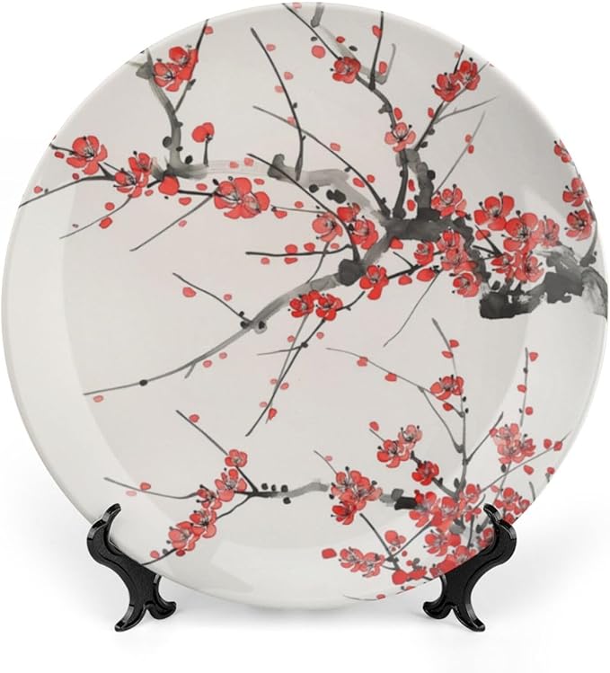 Japanese Spring Theme Decorative Ceramic Plate Round Porcelain Plate,Plum Tree Blossoms Pattern,for Decorative Ornaments Giving Plates, 1 Plate with 1 Display Stand,Red Beige,10 inch