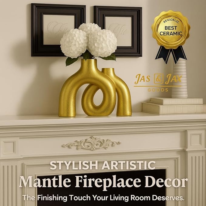 Gold Ceramic Vase Set - Modern Hug Donut Ceramic Vases by JAS & JAX GOODS, Minimalistic Nordic Home Decor Centerpiece for Console Tables, Living Room, Bookshelf, or Fireplace Mantel