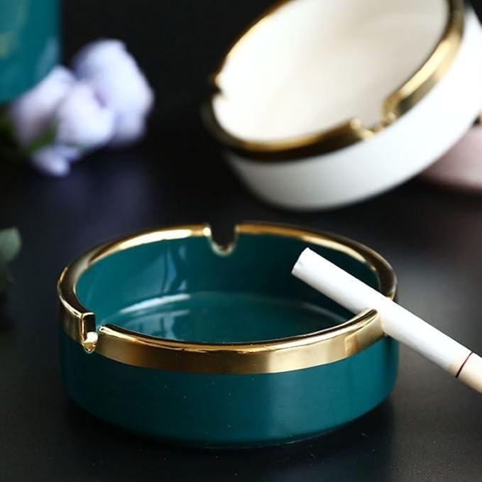 Saim Ceramic Cigar Ashtray for Men - Retro Round Desktop Ash Tray with Gold Edge, Anti-Slip Bottom, for Home Office Patio Outdoor Smoking - Green