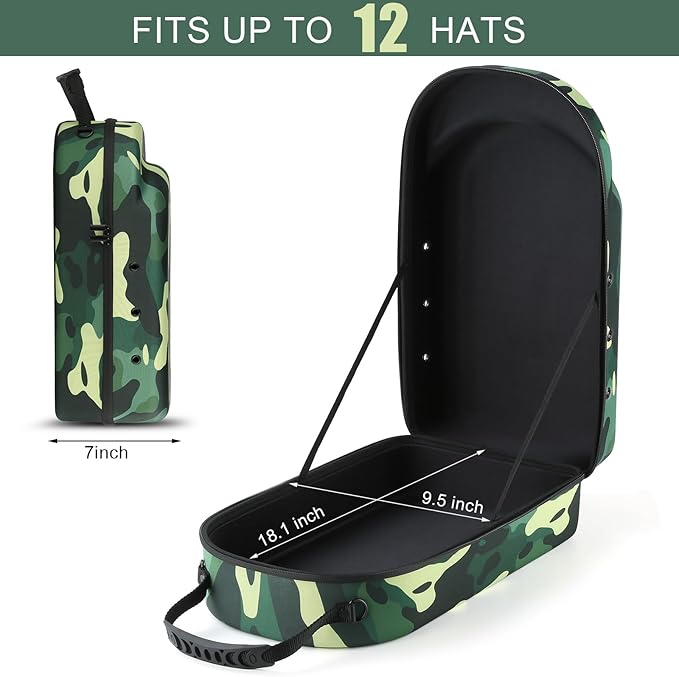Hard baseball hat case, Hat Carrier Travel Case with Adjustable Shoulder Strap, Hat cap case for 12 Baseball Caps - Perfect for Traveling & At-Home Storage (Camo Green)
