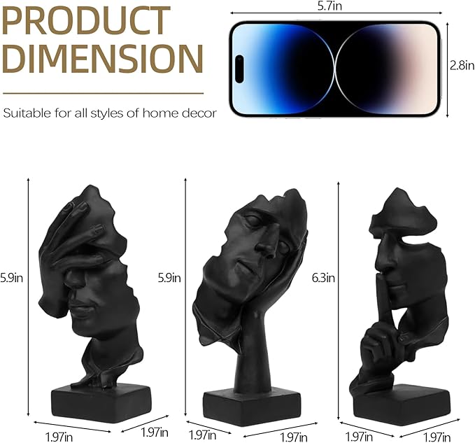 aboxoo 3 Pcs Thinker Statue, Silence is Gold Abstract Art Figurine, See No Evil Hear No Evil Speak No Evil Statues, Modern Resin Sculptures Decor for Living Room, Home, Office Study (Black)