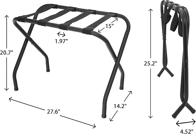 Folding Luggage Rack with Nylon Straps, Portable Suitcase Stand for Guest Room, Hotel, Bedroom, Camping, Travel Suitcase Holder, Black Metal Frame, 27.5 x 14.2 x 20.7 Inches