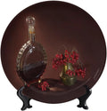 WineDecorative Plate Stand, 8 Inch, Red Wine Bottles and Fruits Round Display Plate, Hanging Decorative Plate with Display Stand, for Wall Hanging Living Room Bathroom Decor Gift