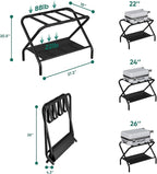 Smuxee Black Luggage Rack Pack of 2, Foldable Suitcase Stand with Fabric Storage Shelf, Luggage Holder with 4 Nylon Straps for Guest Room Bedroom Hotel