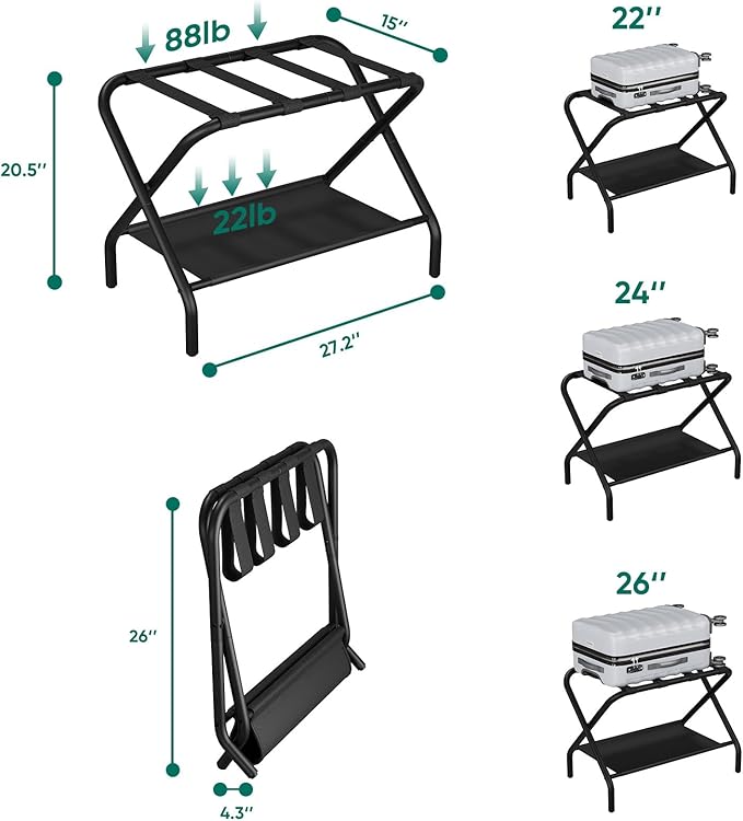 Smuxee Black Luggage Rack, Foldable Suitcase Stand with Fabric Storage Shelf, Luggage Holder with 4 Nylon Straps for Guest Room Bedroom Hotel