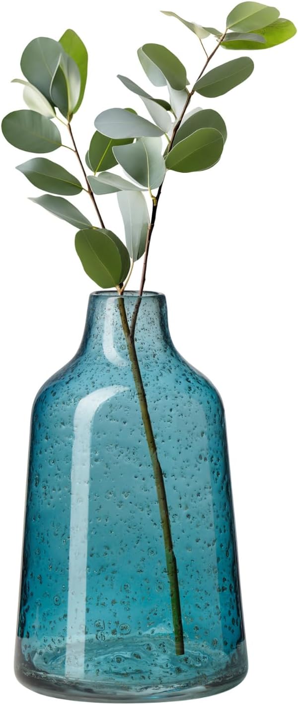 Torre & Tagus 10 Inch Tall Blue Glass Vase with Gold Flakes, Mouth Blown Glass Vase Blue Flower Vase Centerpieces, Watertight for Hydroponic Plants, Coastal Decor Accents (Marina)