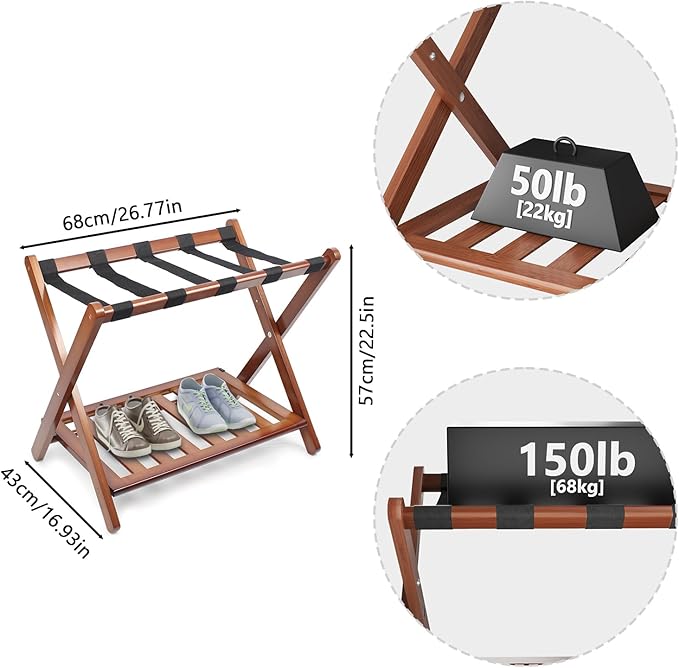 Smuxee Fully Assembled Walnut Luggage Rack, Upgraded Bamboo Foldable Suitcase Stand with 5 Nylon Straps, Luggage Holder with Shelf for Guest Room Bedroom Hotel