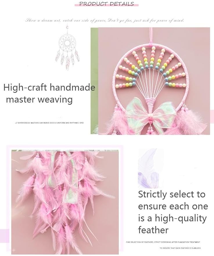 Dream Catcher Wall Hanging for Girls Bedroom Decoration,Pink Dream Catchers for Kids Room Decor Art Craft Gift, Handmade Feather Wall Decor Hanging Ornament(Pink)