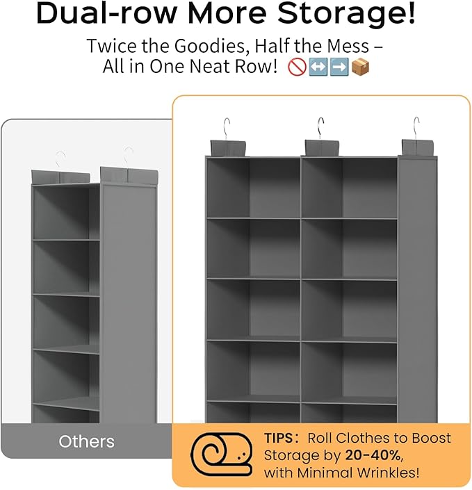 Space-Saving Hanging Closet Storage Organizer – Dual-Row Foldable Shelves with 3 Hooks, 6-Tier Wardrobe Organizer for Dorm, Bedroom, Closet (Grey)