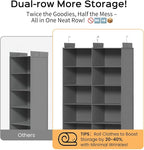 Space-Saving Hanging Closet Storage Organizer – Dual-Row Foldable Shelves with 3 Hooks, 6-Tier Wardrobe Organizer for Dorm, Bedroom, Closet (Grey)